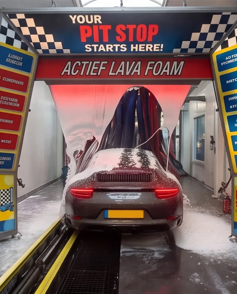 Een auto wordt bedekt met schuim terwijl deze door een carwash met de tekst "Actief Lava Foam" rijdt.