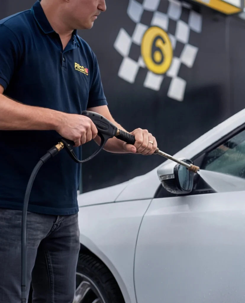 Man gebruikt een hogedrukreiniger om een auto te wassen in een wasbox.