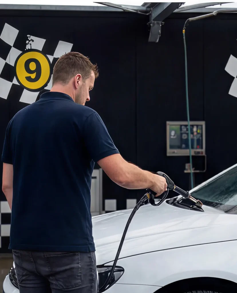 Een man, gekleed in een donkerblauw shirt, wast een witte auto in wasbox nummer 9.