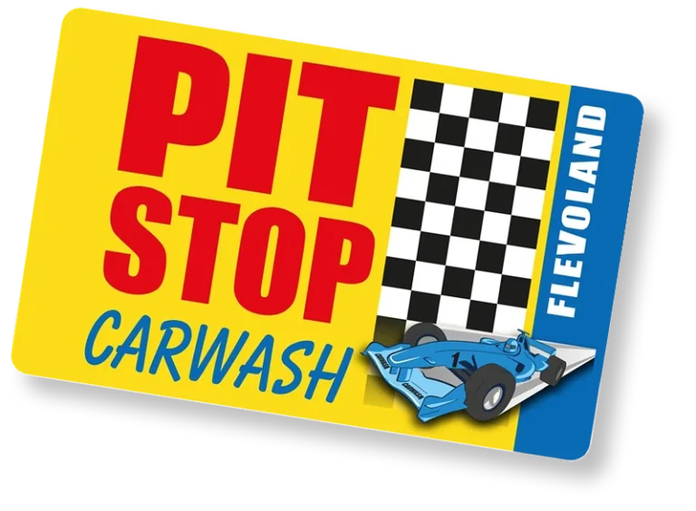Pit Stop Carwash logo met een raceauto en een zwart-wit geblokte vlag op een gele achtergrond.